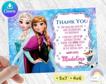 Tarjeta de agradecimiento de cumpleaños de Frozen Elsa Anna Invitaciones de Frozen Anna Elsa Olaf Tarjeta de agradecimiento de cumpleaños Plantilla de Canva de fácil edición Archivo editable