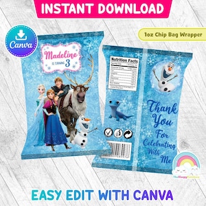 Etiquetas para envoltorios de bolsas de papas fritas para fiesta de cumpleaños de Frozen, Elsa, Anna, Olaf, Sven, Kristoff, bolsa para refrigerio, plantilla de Canva fácil de editar e imprimible, archivo editable