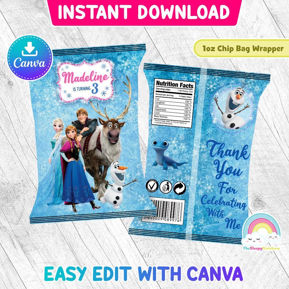Frozen Birthday Party Chip Bags Wrapper Label Elsa Anna Olaf Sven Kristoff Snack Bag Printable Easy Edit Canva Template Editable File