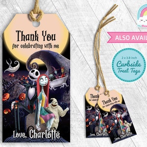 May include: A printable thank you tag featuring Jack Skellington and Sally from The Nightmare Before Christmas. The tag is decorated with a moon, pumpkins, and the text "Thank You for celebrating with me. Love, Charlotte".