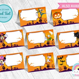 May include: Eight printable Halloween food tent cards featuring Mickey Mouse, Minnie Mouse, Donald Duck, a pumpkin, a black cat, and bats. The cards are 4 x 2.5 inches and have a blank space for writing.