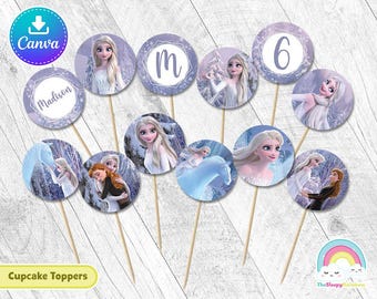 Adornos elegantes para cupcakes con vestido blanco de Elsa, de 2 pulgadas de diámetro, para fiestas de cumpleaños, para imprimir, de Elsa Frozen, fácil de editar, plantilla de Canva editable
