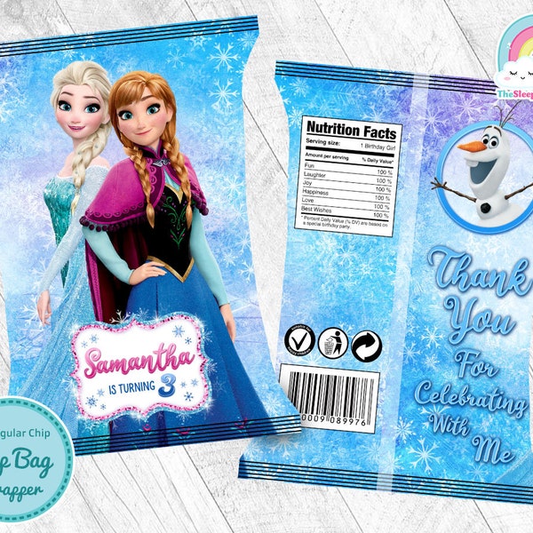 Frozen Birthday Party Chip Bags Wrapper Label Elsa Anna Olaf Snack Bag Printable