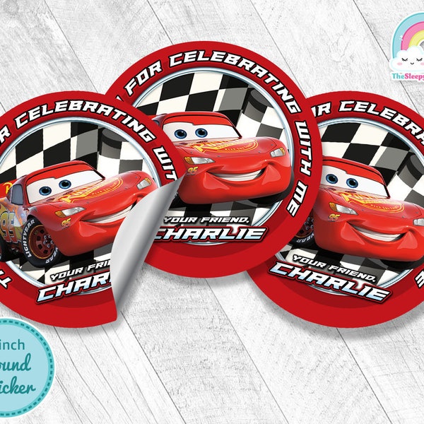 Cars 3 inch round sticker Birthday Party Favor Tags Race Car 3 inch circle Sticker Treats Tags Thank you Label