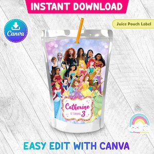 Étiquette de pochette de jus de fête d'anniversaire de princesse Belles paillettes Toutes les étiquettes de jus de princesse Imprimable facile à modifier Modèle canevas fichier modifiable