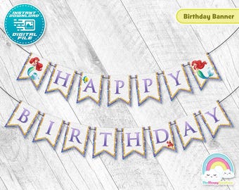 Kleine Meerjungfrau alles Gute zum Geburtstag Banner Girlande Ariel Meerjungfrau Geburtstag Banner Printable Party Dekoration Sofort Download