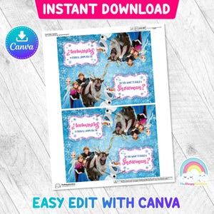 Puede incluir: Etiquetas de regalo de fiesta imprimibles con el tema de Frozen con Olaf y Sven. Las etiquetas tienen un fondo azul con texto rosa y blanco que dice "&iquest;Quieres construir un mu&ntilde;eco de nieve?" y "Snowman's".