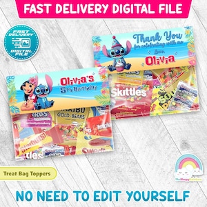 May include: Digital treat bag toppers featuring the characters Lilo and Stitch, with text that reads "Olivia's 5th Birthday" and "Thank You for celebrating with me, love, Olivia." The bags are filled with candy.