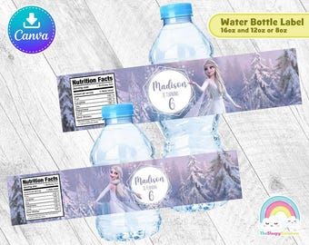 Etiqueta para botella de fiesta de cumpleaños de Frozen con vestido blanco de Elsa Etiqueta para envoltorio de botella de agua de Frozen de Elsa Plantilla de Canva fácil de editar Archivo editable