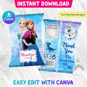 Etichetta per sacchetti di patatine per feste di compleanno Frozen Elsa Anna Olaf Sacchetto per snack stampabile Facile da modificare Modello Canva File modificabile