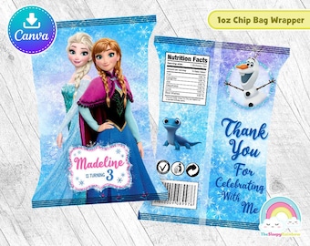 Etiqueta para envoltorio de bolsas de papas fritas para fiesta de cumpleaños de Frozen, bolsa de refrigerio de Elsa, Anna y Olaf, imprimible, plantilla de Canva de fácil edición, archivo editable