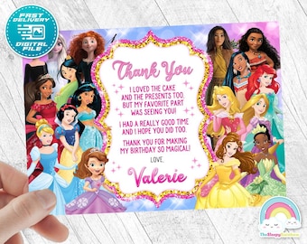 Prinzessin Geburtstags-Dankeschön-Karte All Princess Invites Geburtstags-Dankeschön-Karte Gold Glitter Schöne Digitale Datei