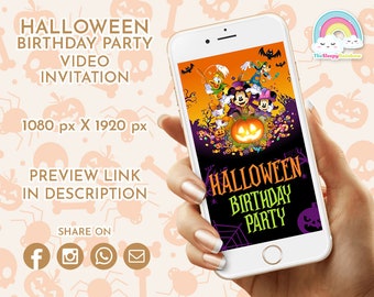 May include: A smartphone displaying a Halloween birthday party invitation featuring Mickey Mouse and friends. The invitation is orange, black, and green with a pumpkin and candy. The text on the invitation reads "Halloween Birthday Party".