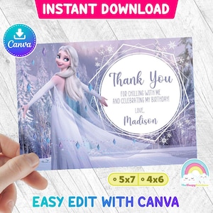 May include: A printable thank you card featuring a digital illustration of Elsa from Frozen. The card has a purple background with snowflakes and a white geometric frame. The text on the card reads "Thank You for chilling with me and celebrating my birthday! Love, Madison".