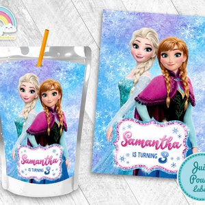 Frozen Elsa Anna Birthday Party Juice Pouch Label Beautiful Glitter Frozen Elsa Anna Juice Label Printable