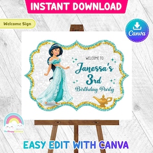 Placa de aniversário de boas-vindas da princesa Jasmine, pôster de porta do Aladdin, festa de aniversário, modelo Canva de edição fácil, arquivo editável