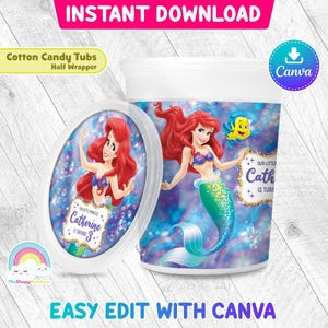 Little Mermaid Birthday Party Cotton Candy Tub Wrapper Label Princess Ariel 2 oz Cotton Printable Easy Edit Canva Template File