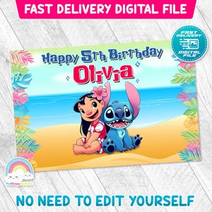 May include: A digital file featuring a beach scene with the characters Lilo and Stitch. The text reads "Happy 5th Birthday Olivia." The image includes the text "Fast Delivery Digital File" and "No Need To Edit Yourself."