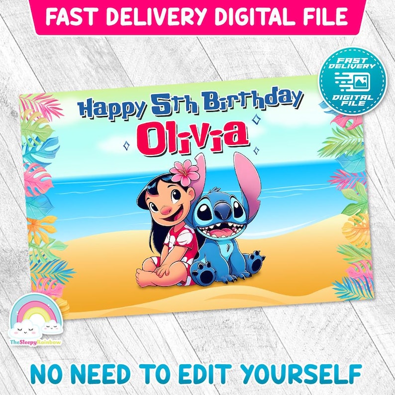 May include: A digital file featuring a beach scene with the characters Lilo and Stitch. The text reads "Happy 5th Birthday Olivia." The image includes the text "Fast Delivery Digital File" and "No Need To Edit Yourself."