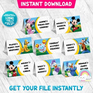 May include: A set of printable food labels featuring Disney characters like Mickey Mouse, Minnie Mouse, Pluto, Goofy, and Donald Duck. Each label has a different food name, such as "Minnie's Polka-Dot Cookies" and "Goofy's Giggle Grapes". The words "Instant Download" are at the top.