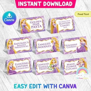 Prinses Rapunzel voedseltent verjaardagsfeestje afdrukbare verwarde voedseletiket 8 ontwerpen voedseltent gemakkelijk bewerken Canva sjabloon bewerkbaar bestand