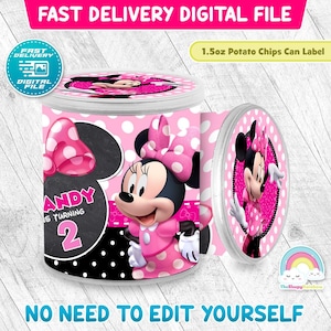 May include: A pink and white polka dot potato chip can label featuring Minnie Mouse. The label includes the text "ANDY IS TURNING 2" and "1.5oz Potato Chips Can Label". The design also includes the text "FAST DELIVERY DIGITAL FILE" and "NO NEED TO EDIT YOURSELF".