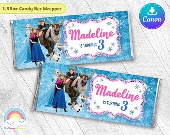 Frost Födelsedagsfest Godisförpackning Frost Elsa Anna Sven Kristoff Chokladkakaomslag Etikett Utskrivbar Enkel Redigera Canva Mallfil