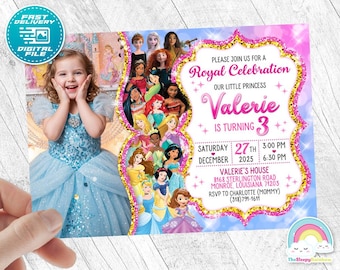 Prinzessin Einladungs-Geburtstags-Einladungs-Party Alle Prinzessin lädt Geburtstags-Einladungen Gold-Funkeln ein Schön mit dem Bild Ihres Kindes