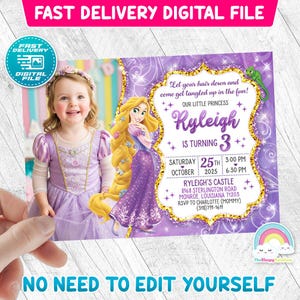 Princess Rapunzel Invitation Birthday Invite Party Tangled Invites Birthday Invitations with your child&#39;s picture Digital File Printable