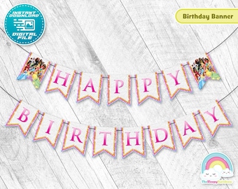 Princess Happy Birthday Banner Garland All Princess Beautiful Gold Glitter Birthday Banner Printable Party Decoration Instant Download