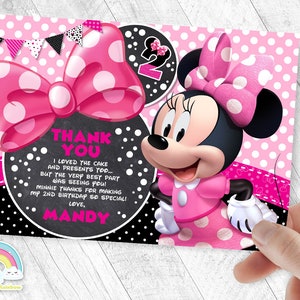Tarjeta de agradecimiento de cumpleaños de Minnie Mouse. Tarjeta de agradecimiento de cumpleaños de Minnie Pink Bowtique.