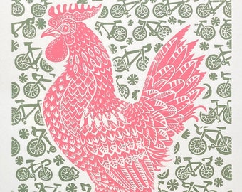 Bantam Classic - three different colour bantams and bicycles,  for chicken lovers or riders of the iconic event in Petaluma, hand printed