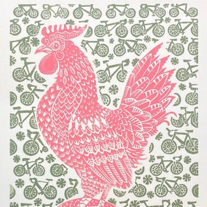 Bantam Classic - three different colour bantams and bicycles,  for chicken lovers or riders of the iconic event in Petaluma, hand printed