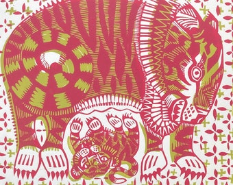 Tyger mama - hand designed, carved and pressed lino cut print: wall art, illustration, gift, folk art, tiger, linoleum print