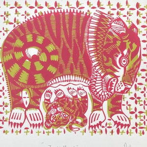 Tyger Mama Lino Cut Print: Hand-Pressed Folk Art Tiger Illustration