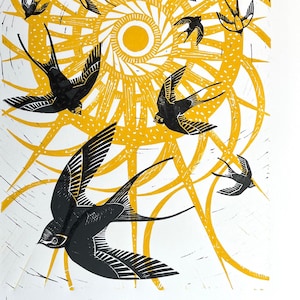 Swish of swallows - handmade lino cut print, prints,  illustration, birds, swallows, gift, wildlife, wall art, wood & linocut print