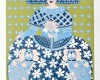 Queen Queenie Hand Linoldruck; entworfen, geschnitzt und von Hand gepresst in Schottland, Geschenk oder skurile Wandkunst für zu Hause