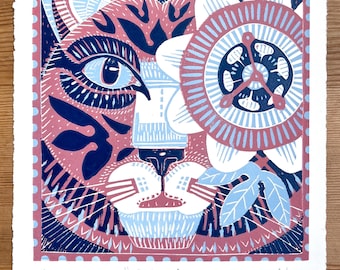 Handgedruckter Tiger & Passionsblume Linolschnitt Kunstdruck - Limitierte Auflage