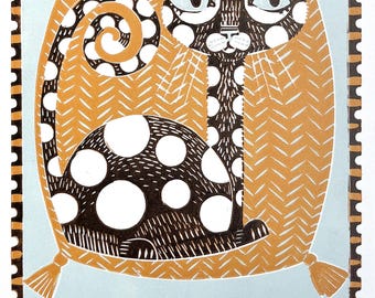 Langhals Katze Giraffe Linoldruck: handgeschnitzt und gedruckt, Linoldruck, handgedruckt
