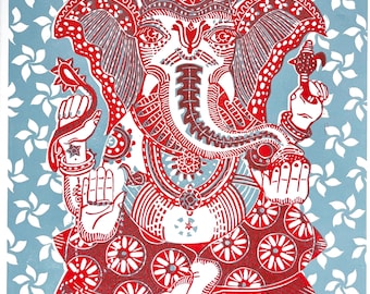 Ganesha Linoldruck: Zweifarbige Volkskunst, Handgepresste Ausgabe