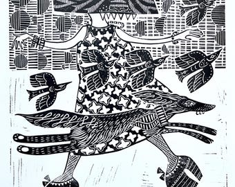 Zufall – Handgeschnitzter Linolschnitt, Linolschnitt, surreale Katzenmaske, skurrile Kunst, handgefertigt
