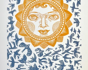 Stampa su linoleum intagliata a mano: Canto del mattino, sole e uccelli, ottimista, allegra, stampa fatta a mano