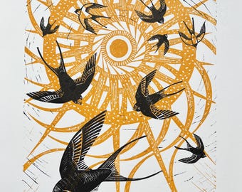 Handmade Swish of Swallows Lino Cut Print: hand printed, Wildlife Art, lino printing, linoleum print