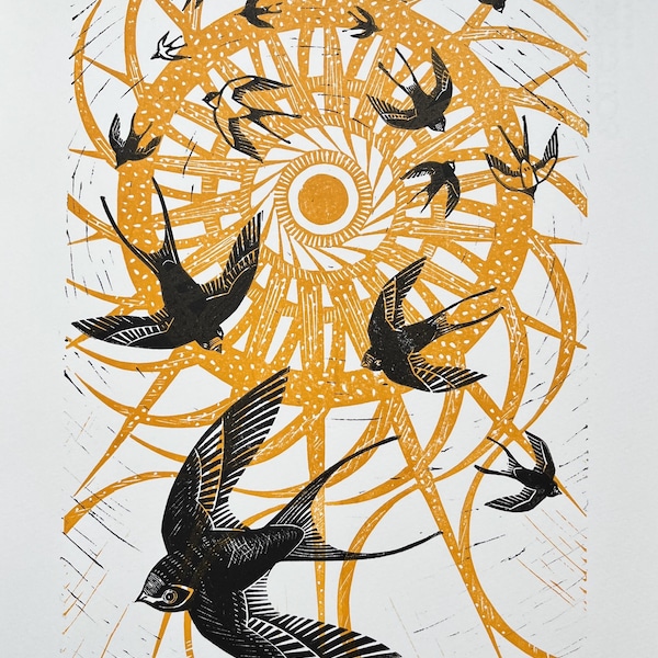 Zwiepende zwaluwen, handgemaakte linosnede: handgedrukt, natuurkunst, linodruk, linoleumdruk