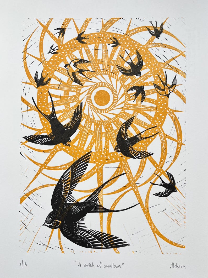 Grabado en linóleo artesanal "Gira de golondrinas": impreso a mano, arte de la vida silvestre, grabado en linóleo.