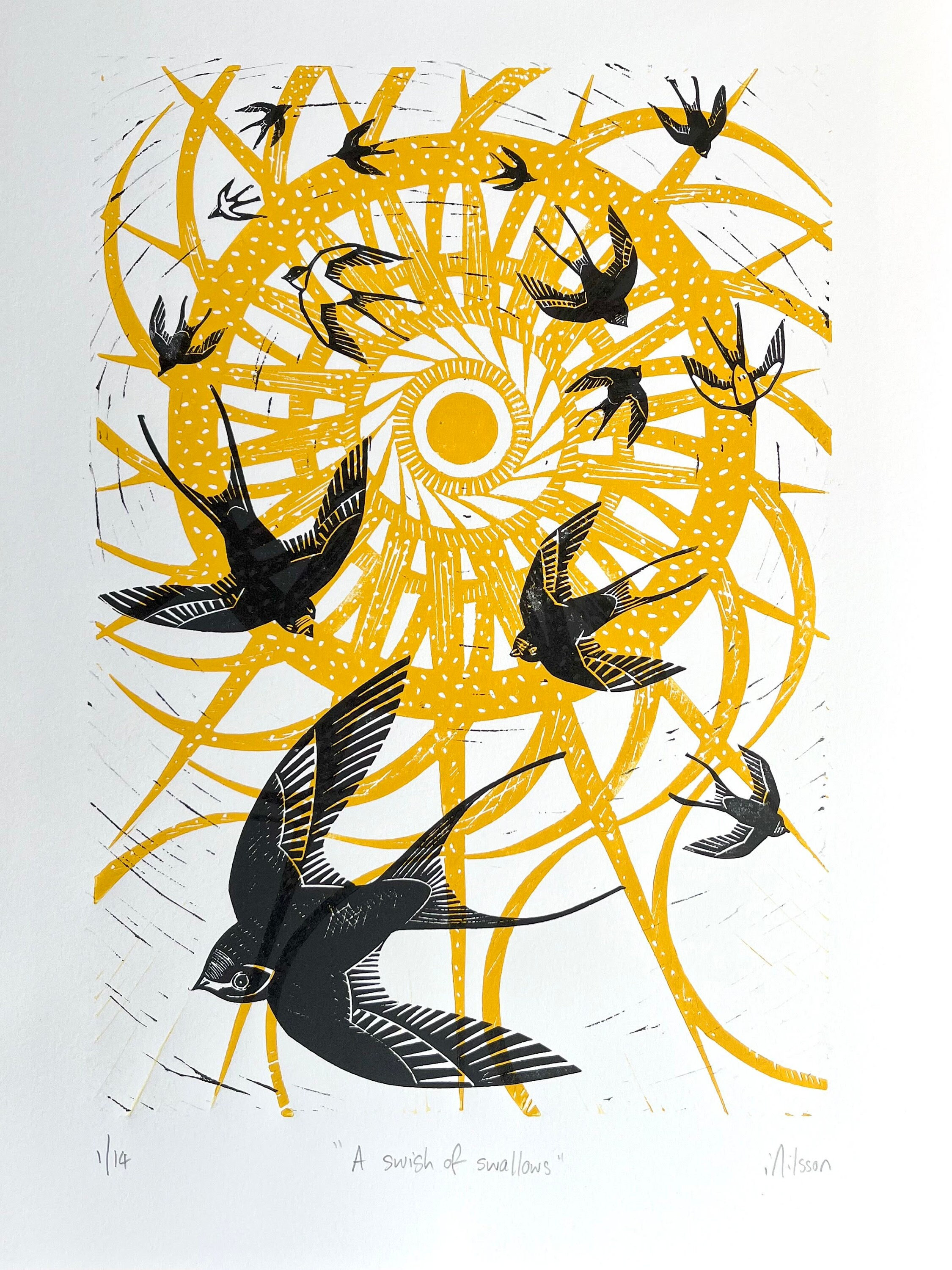 Swish of swallows - handmade lino cut print, prints,  illustration, birds, swallows, gift, wildlife, wall art, wood & linocut print