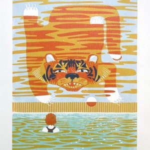 Tyger-striped sky, hand designed, carved and pressed lino cut reduction print