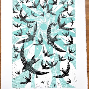 Linocut Bird Print: Swifts in Flight, handprinted on Somerset paper, designed by me image 3