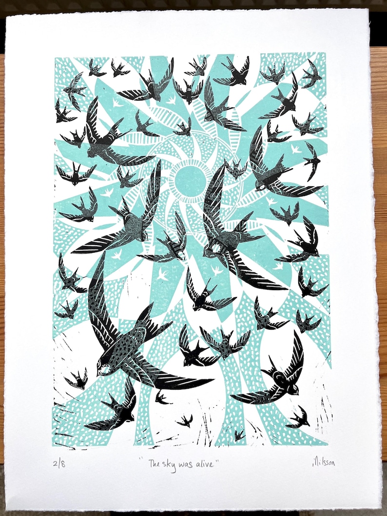 Linocut Bird Print: Swifts in Flight, handprinted on Somerset paper, designed by me image 3