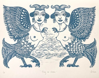 Sing me Closer, hand designed, carved and pressed lino cut print of sirens, mythology lovers